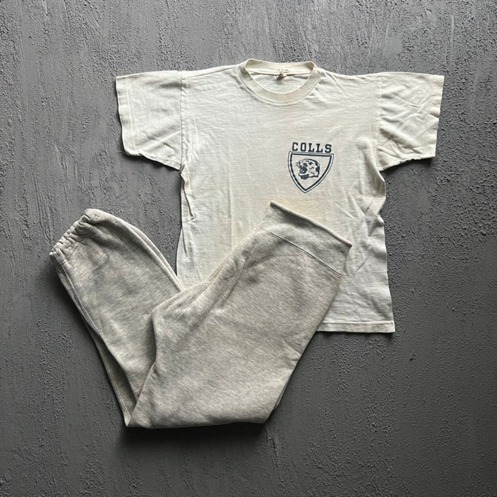 Vintage Champion Shirt SET Medium White 50s Colls Panther Running Man Sweatpants